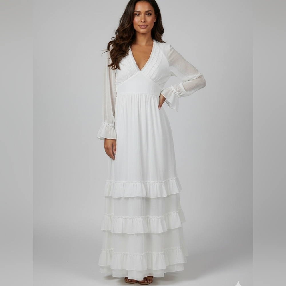 Area Stars Viv Long Sleeve Ruffle Tiered Maxi Dress Lined S V-neck Renaissance